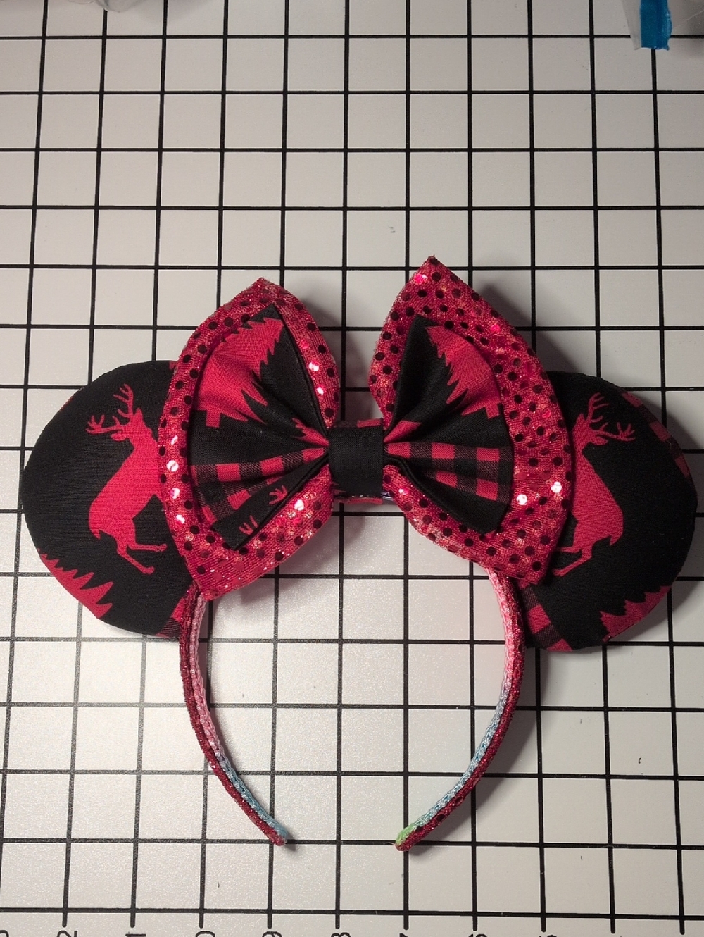 Red and Black Reindeer Plaid Mouse Ear Headband with Sparkle Bow